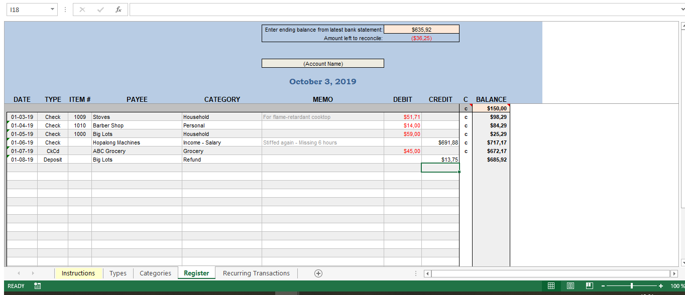 checkbook register excel worksheet modèles