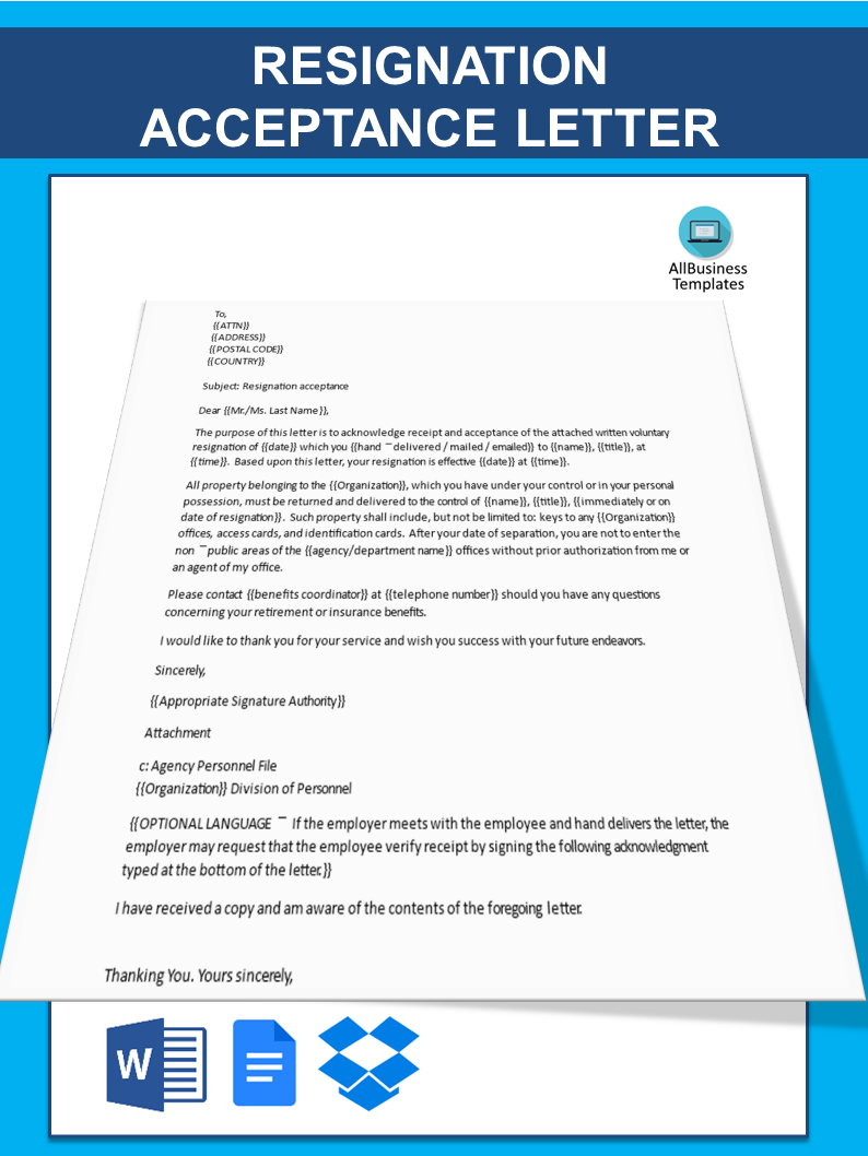 resignation acceptance request letter template