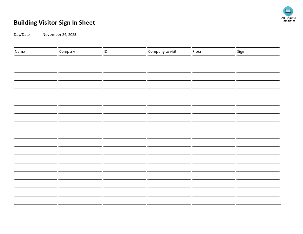 visitor sign in sheet template Hauptschablonenbild