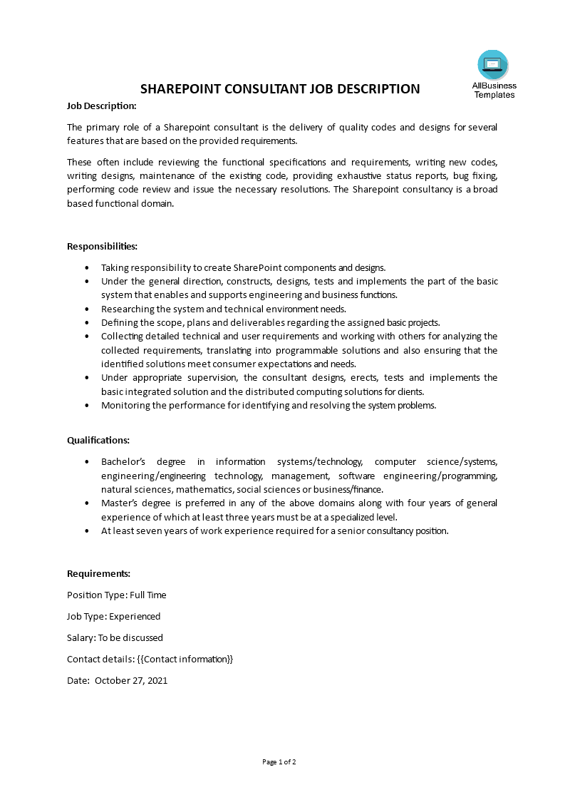 sharepoint consultant job description modèles
