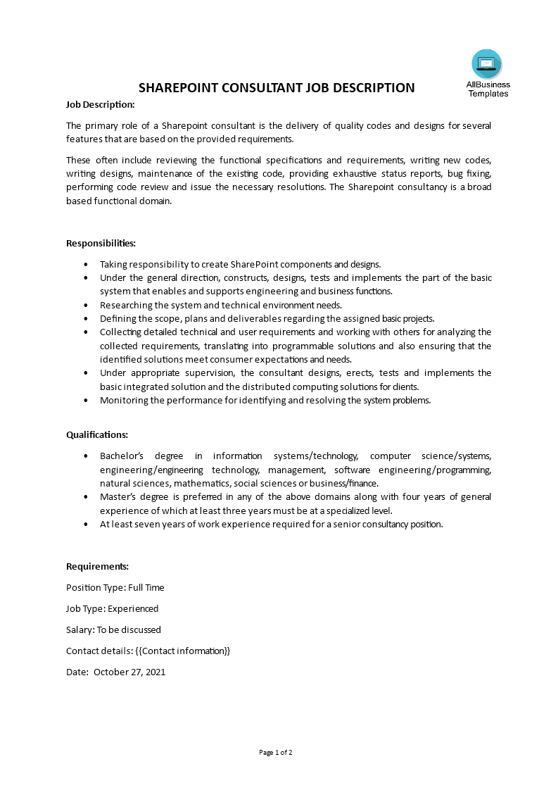 Sharepoint Consultant Job Description main image