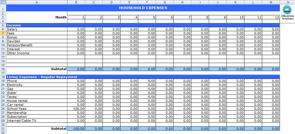 household expenses calculator template