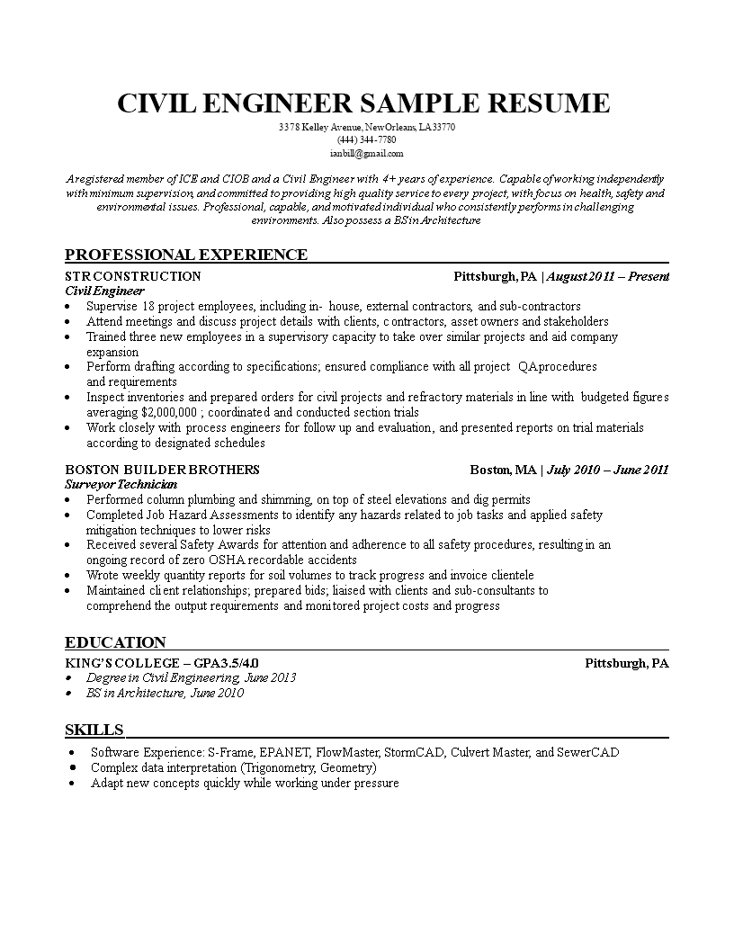 Kostenloses Sample Civil Engineering Resume