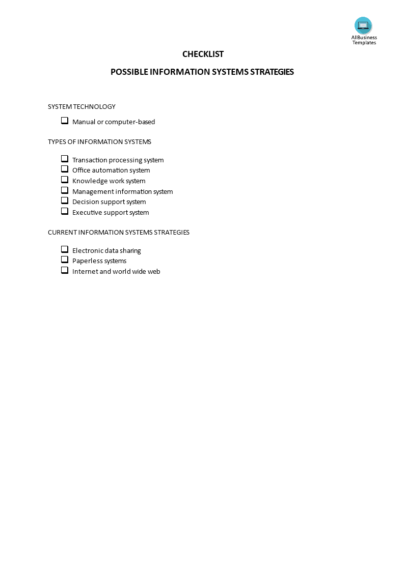checklist possible information systems strategies voorbeeld afbeelding 