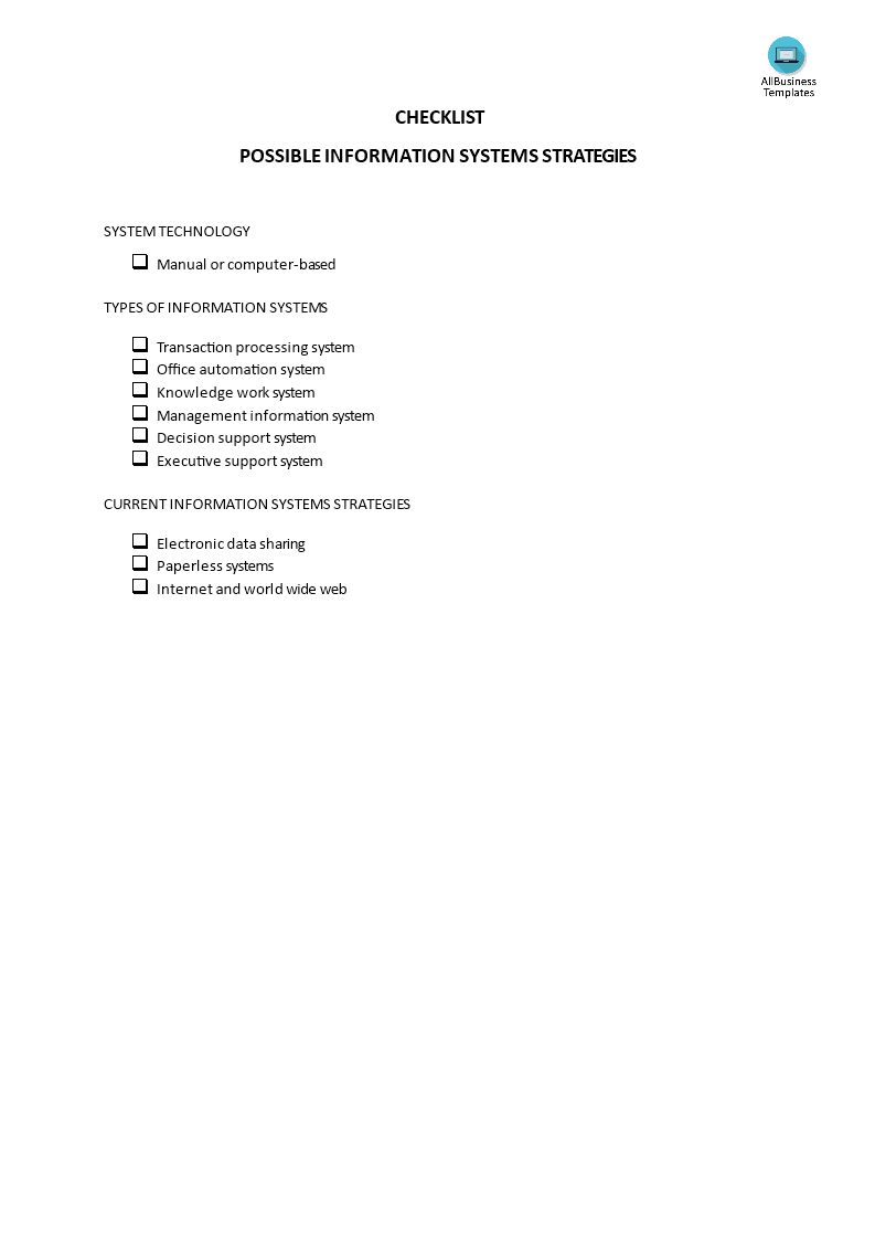 checklist possible information systems strategies modèles