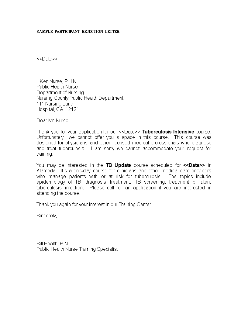 nurse rejection letter template