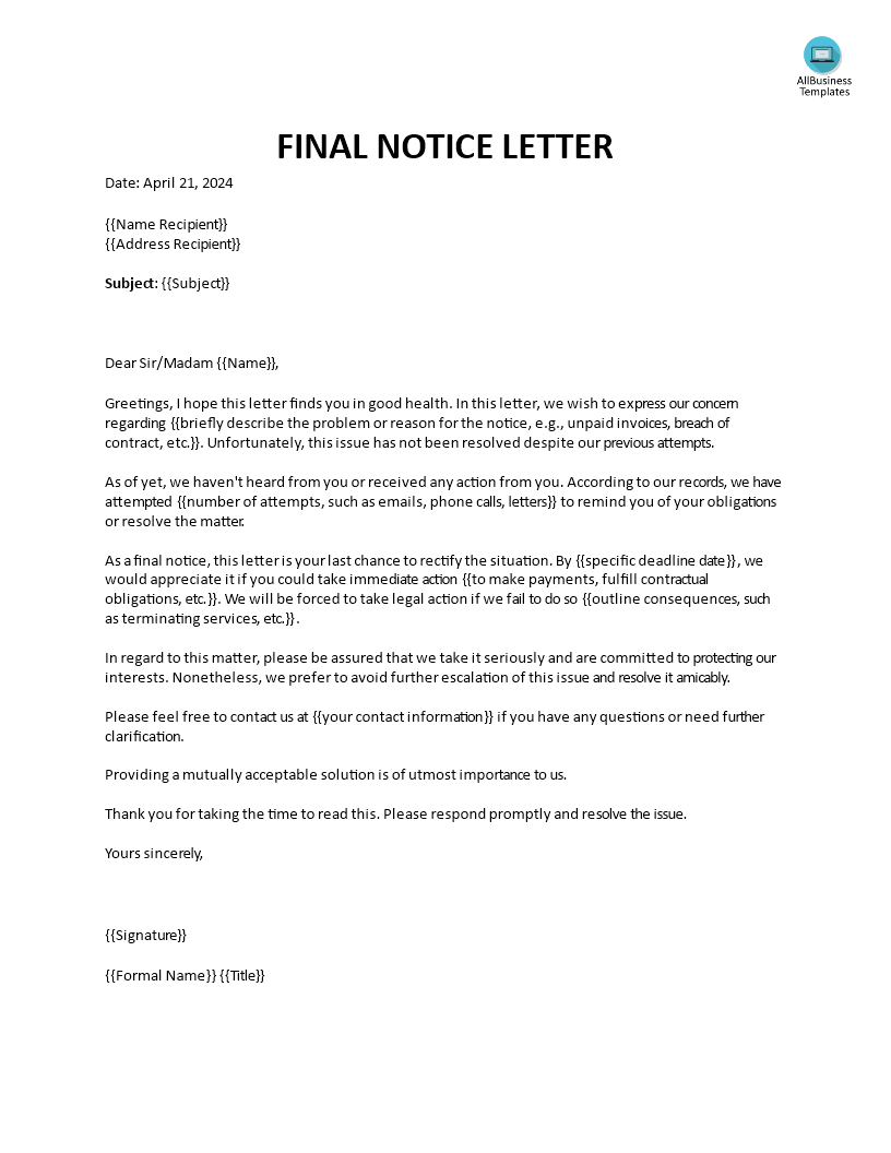 final notice letter modèles