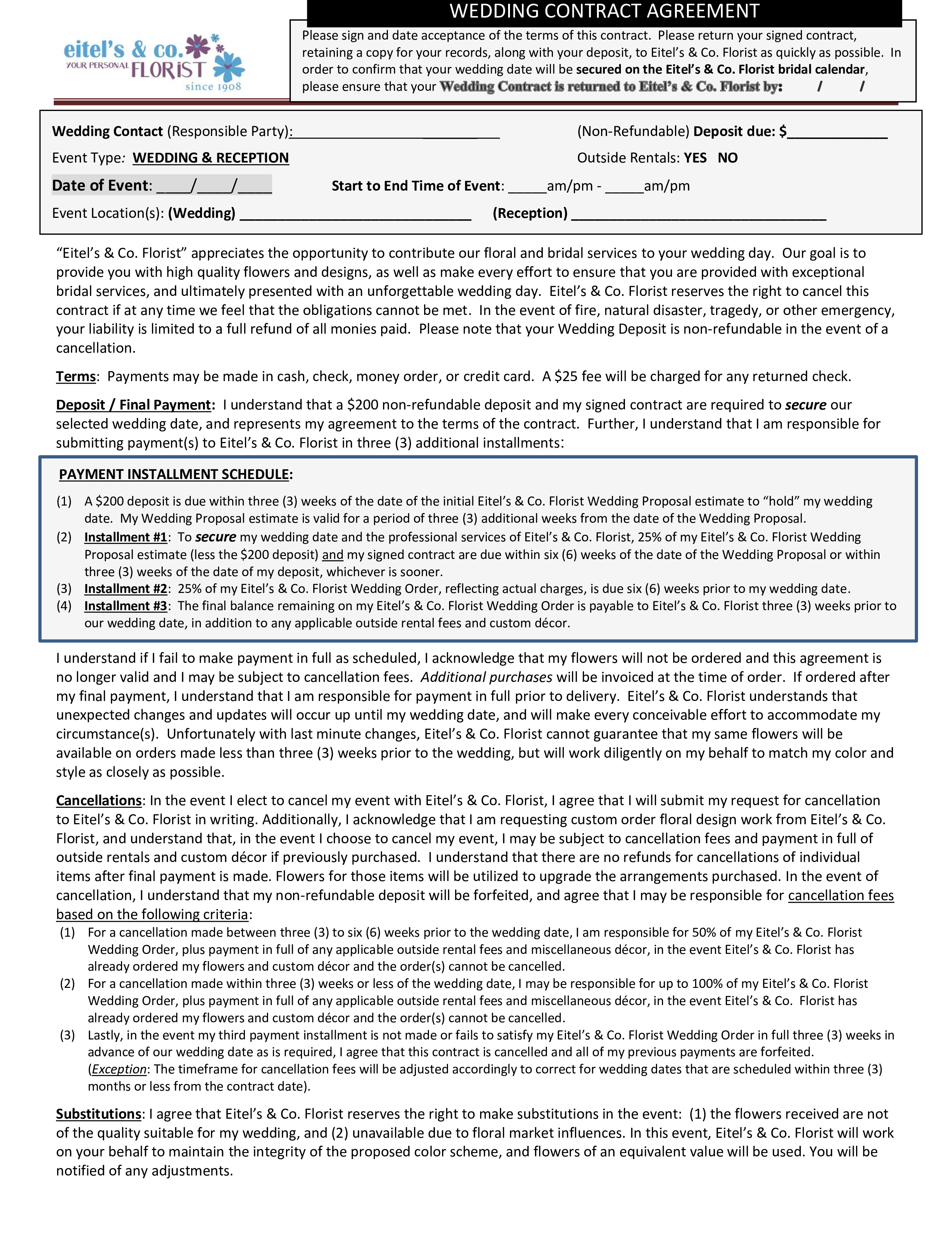 wedding florist payment schedule template