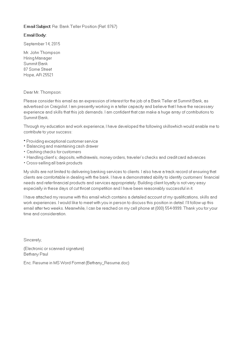 cover letter templates bank teller