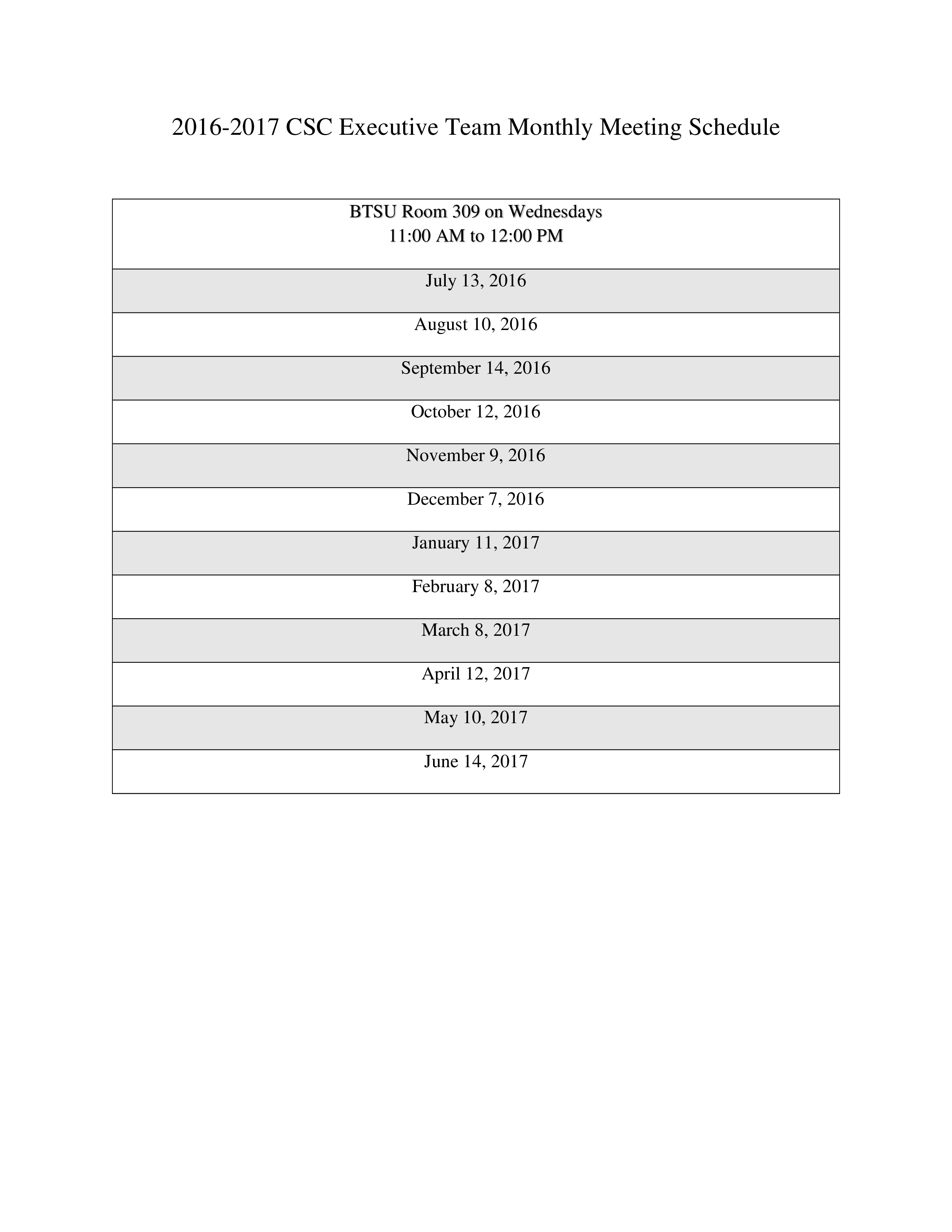 executive team monthly meeting schedule template