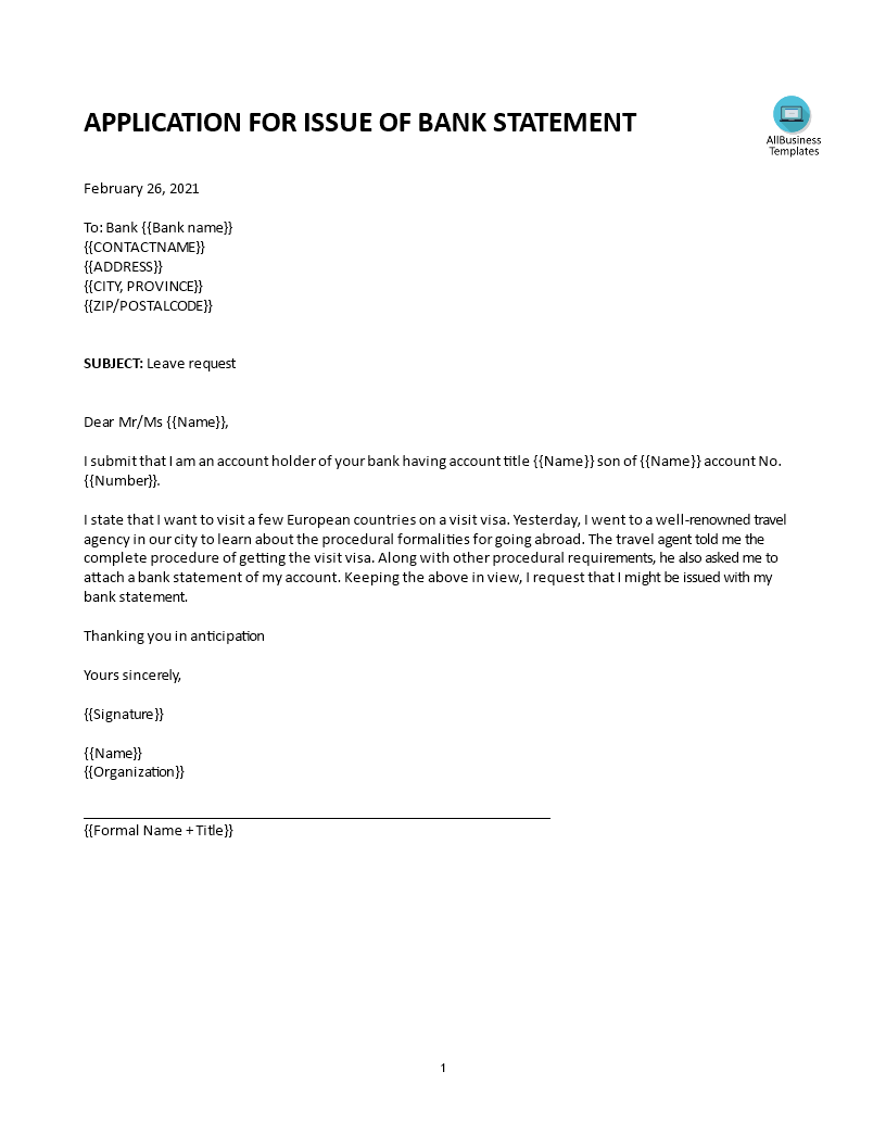 bank application letter for statement