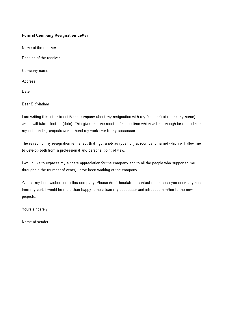 formal company resignation letter template