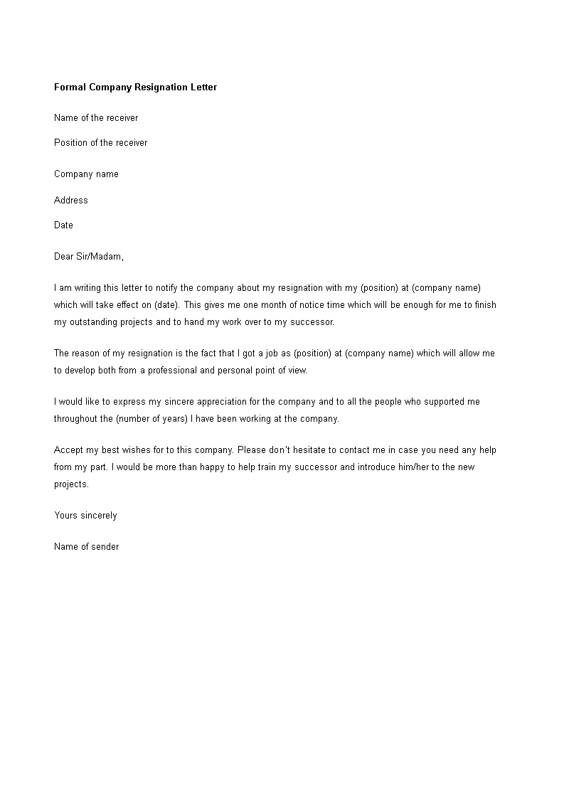 formal company resignation letter modèles