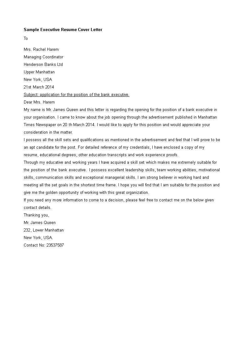 sample executive resume cover letter plantilla imagen principal