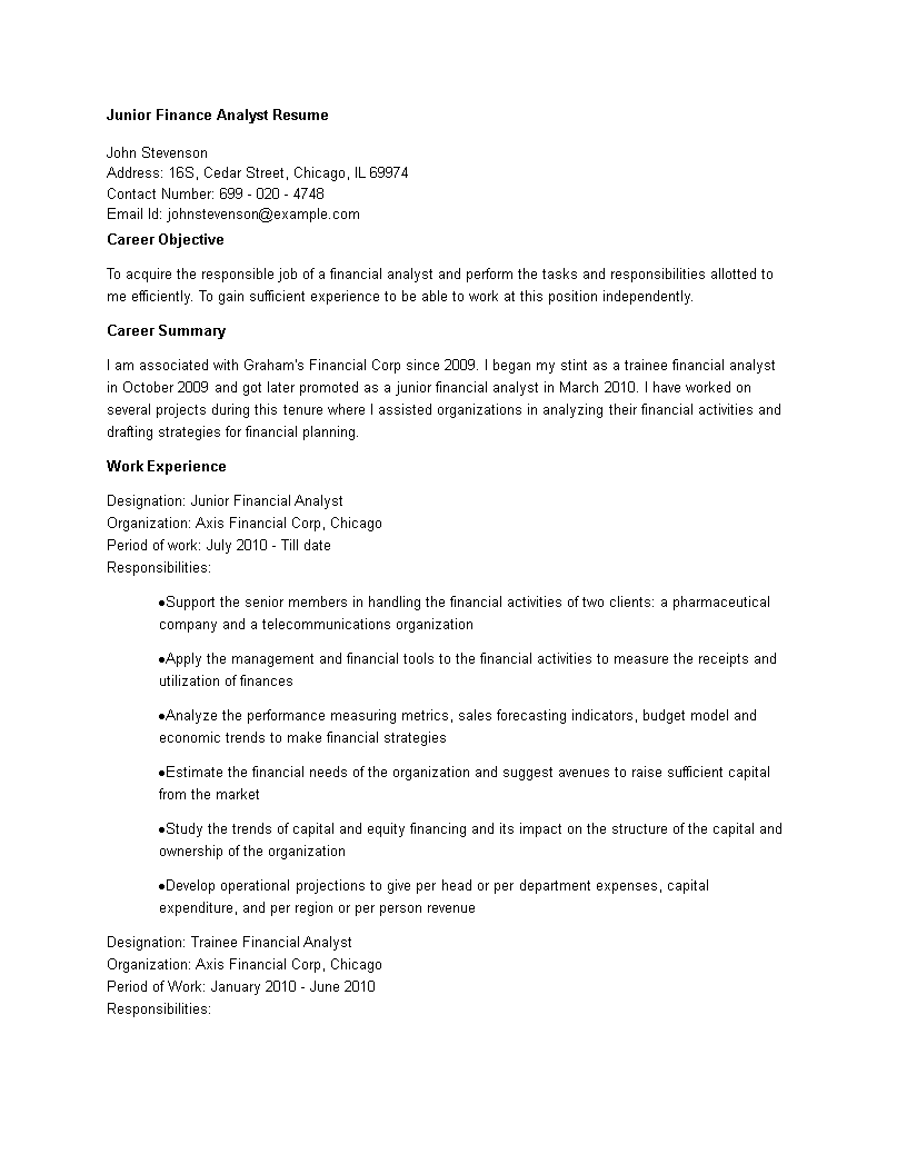 Junior Finance Analyst Resume 模板