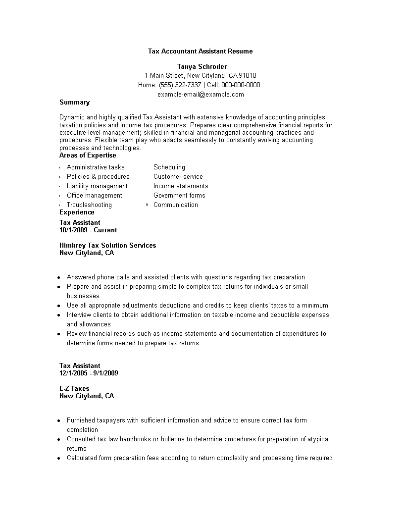 tax accountant assistant resume modèles