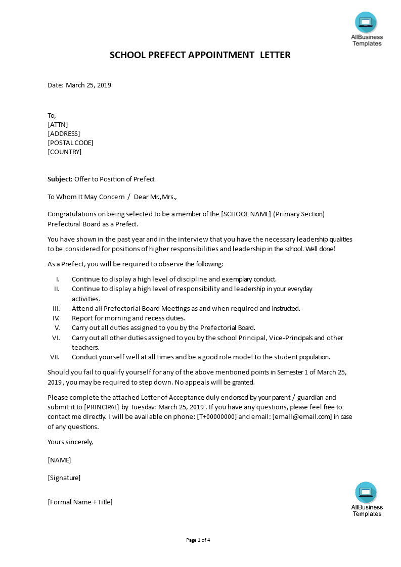 School Prefect Appointment Letter Templates At Allbusinesstemplates
