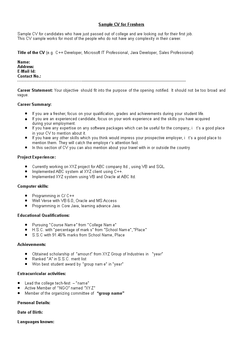 basic fresher resume template