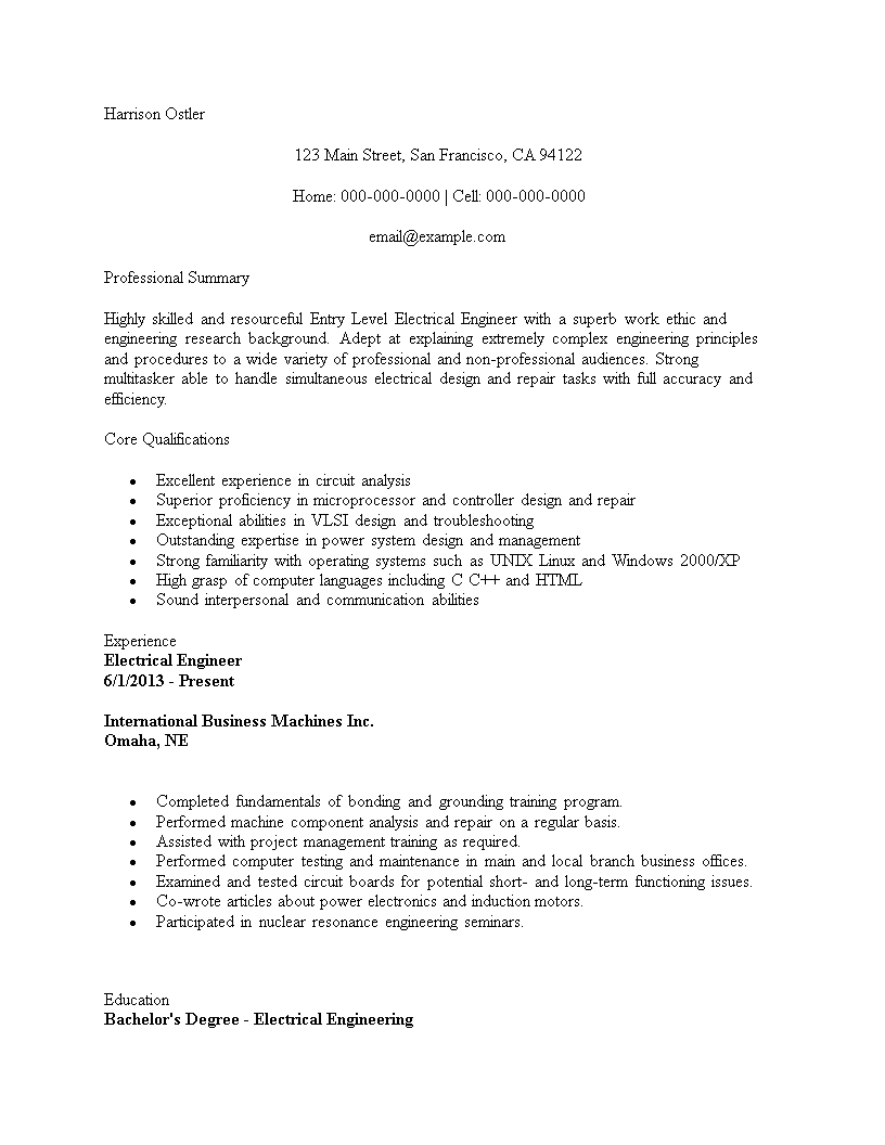 Entry Level Electrical Engineer Resume template 模板