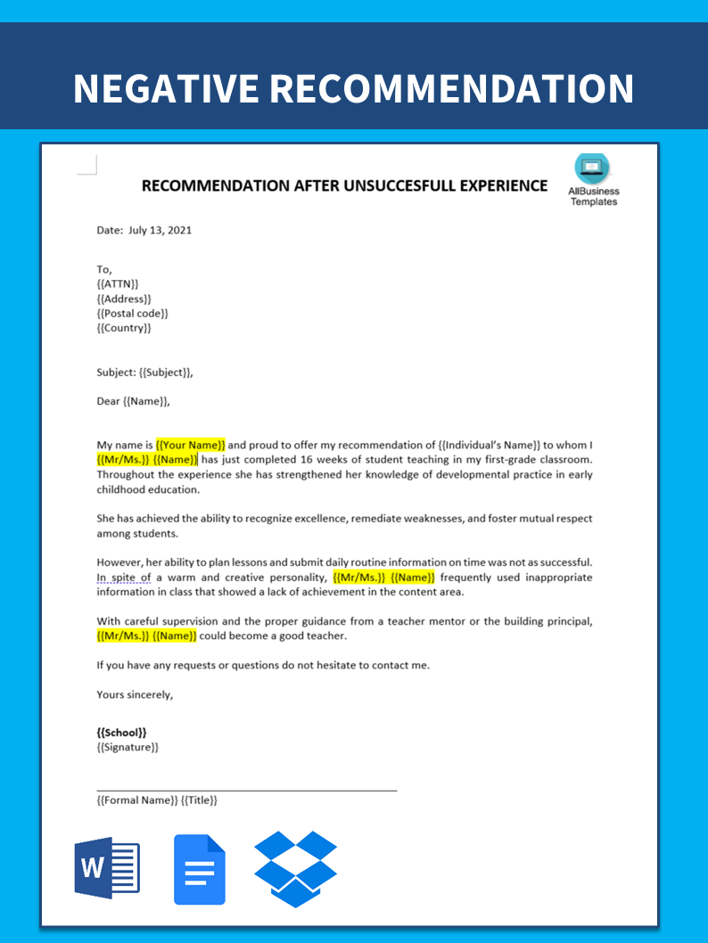 negative recommendation letter template