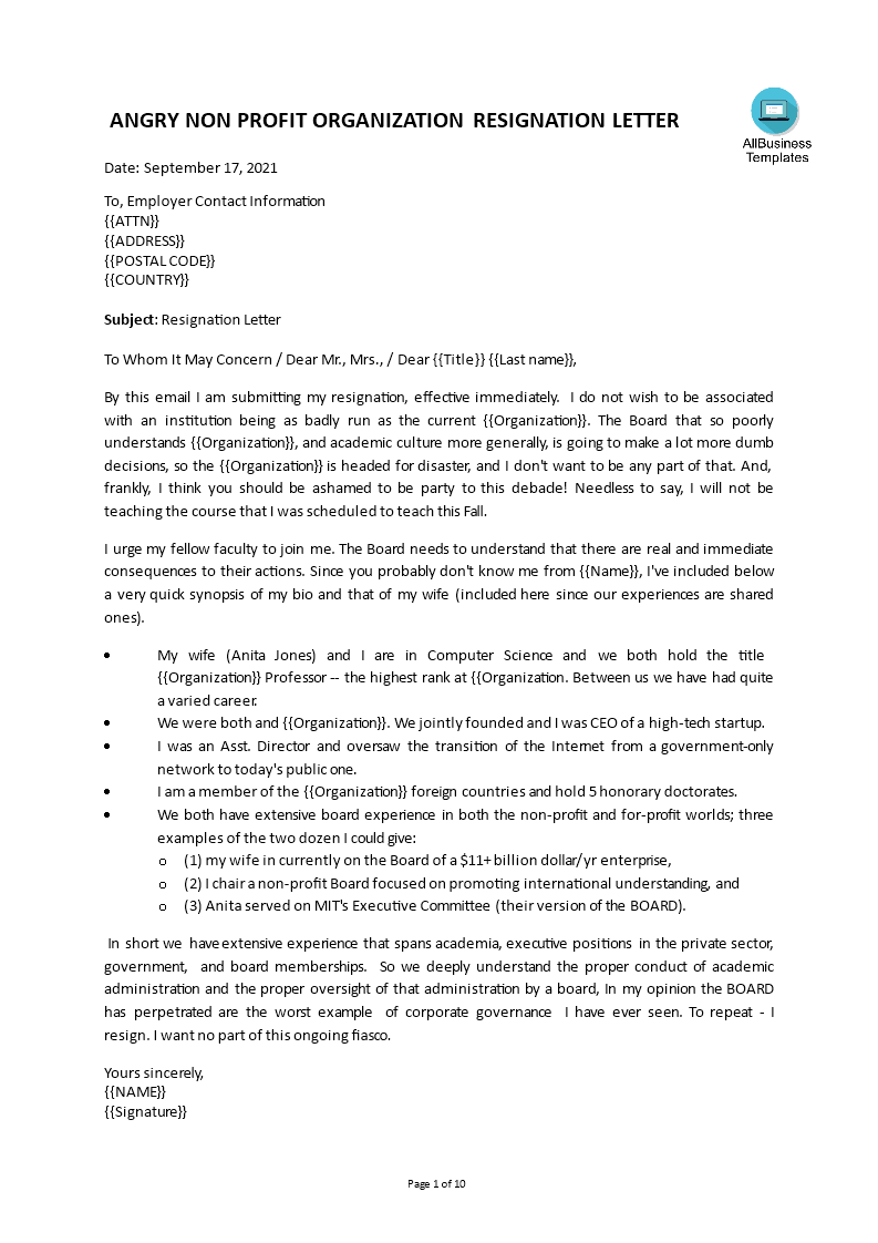 nonprofit board resignation letter voorbeeld afbeelding 