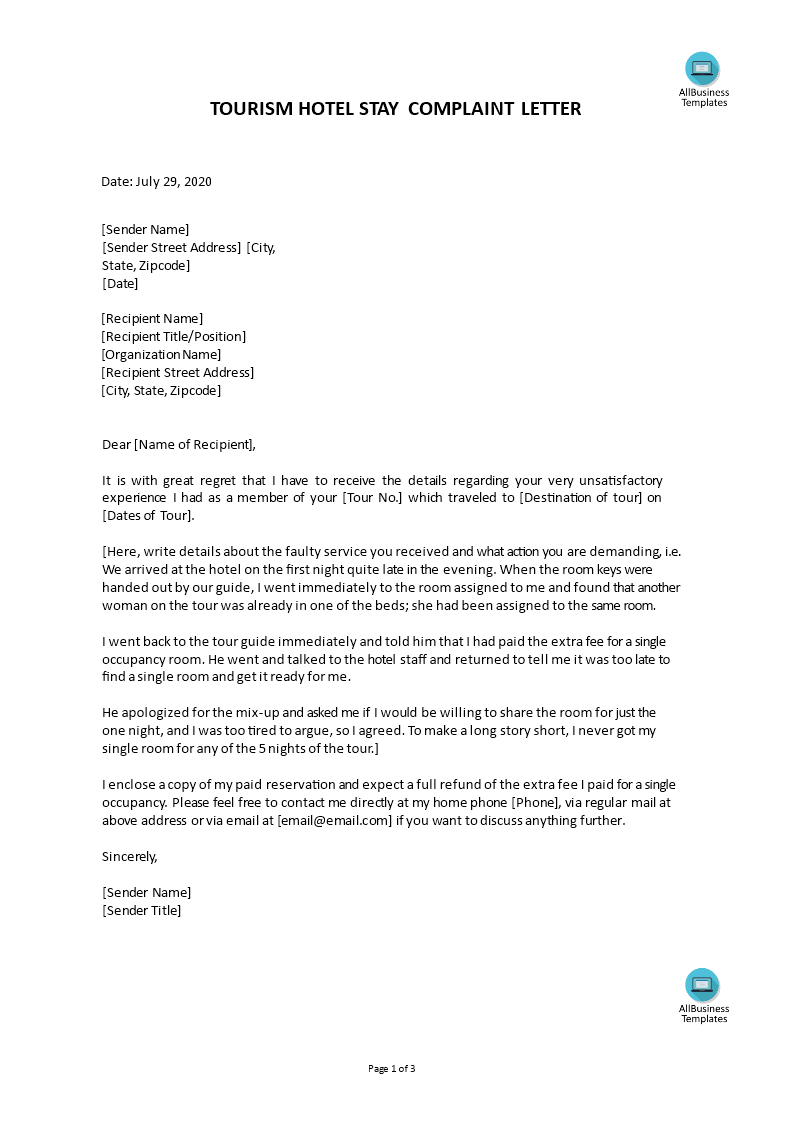 business formal complaint letter template