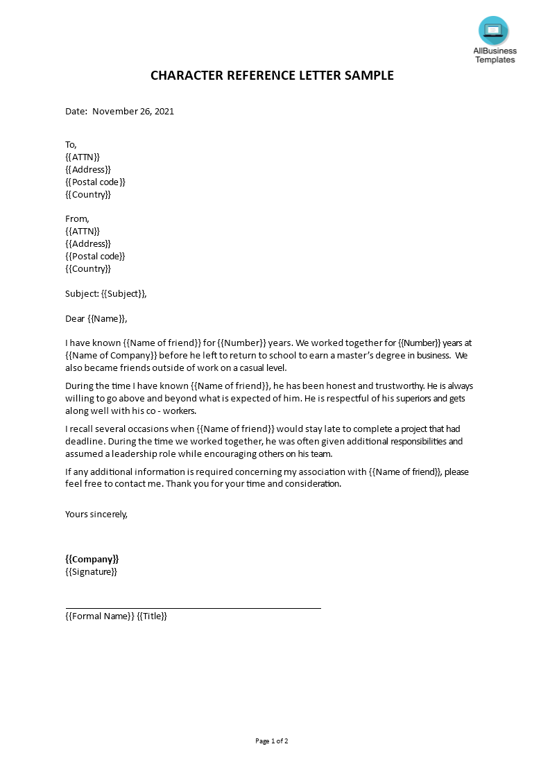 character witness letter sample template