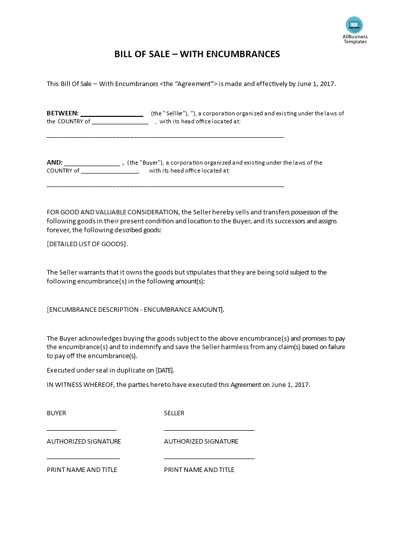 bill of sale with encumbrances template