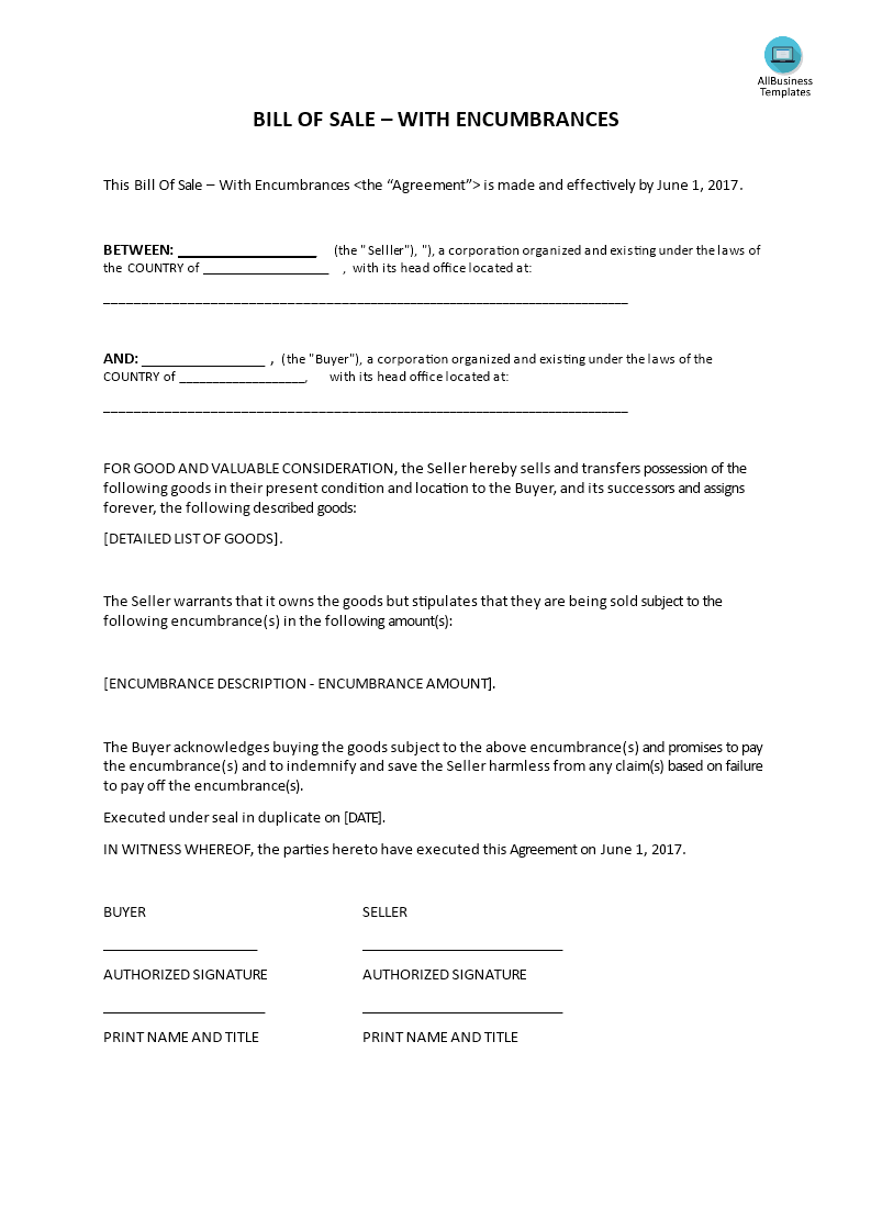 bill of sale with encumbrances modèles