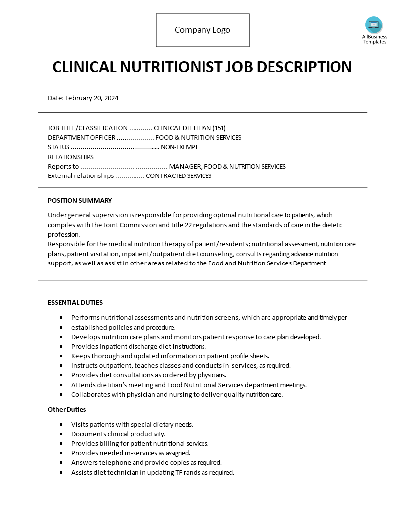 Clinical Nutritionist Job Description main image