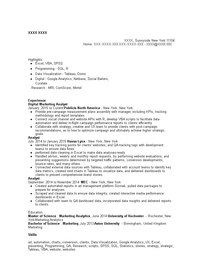 Digital Marketing Analyst Resume 模板