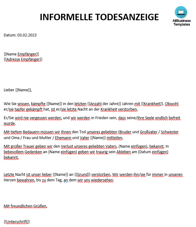 persönliche todesanzeige template