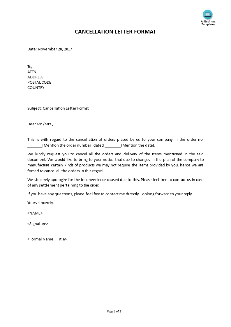 cancellation letter format voorbeeld afbeelding 