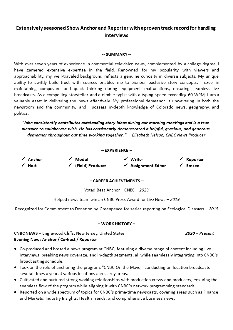 sample resume for journalist