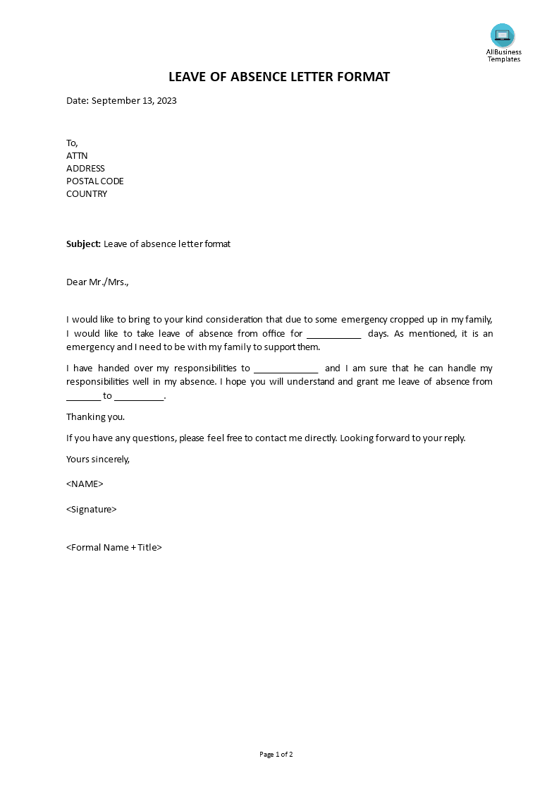 Kostenloses Leave Of Absence Letter Format