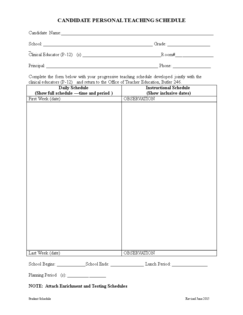 candidate personal teaching schedule template