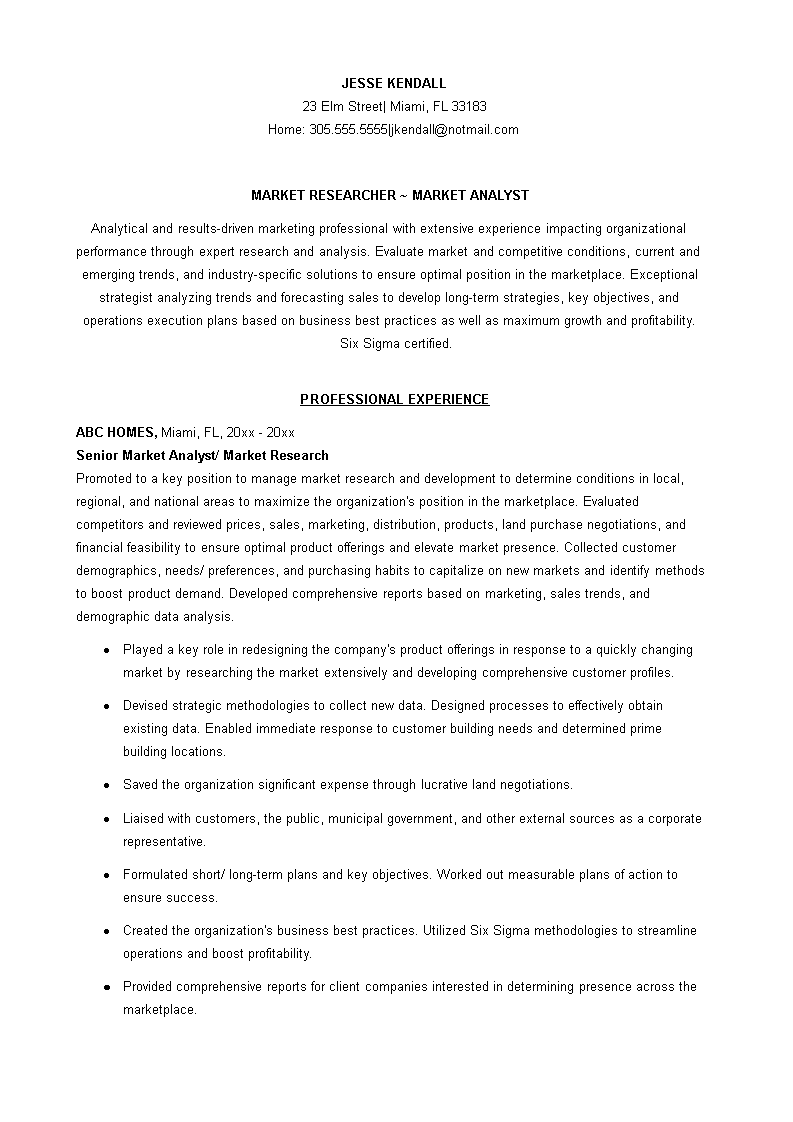 sample marketing researcher analyst resume modèles