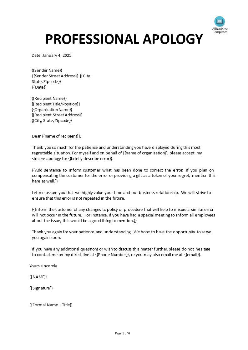 Kostenloses Business Formal Apology Letter