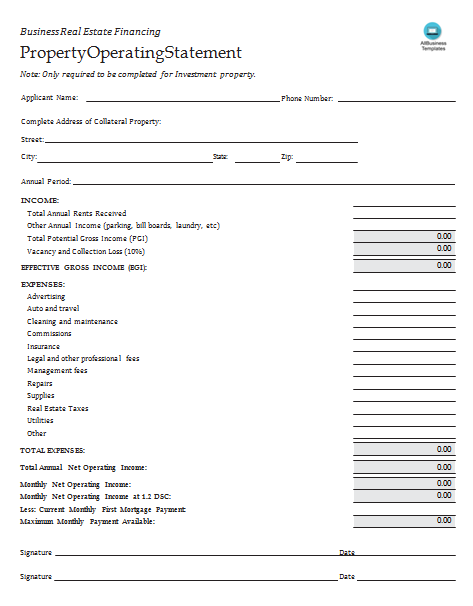 Sample Real Estate Income Statement 模板