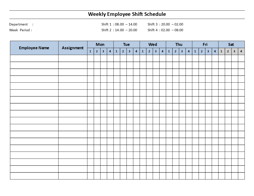 Weekly employee Shift Schedule Mon to Sat 4 Shift 模板