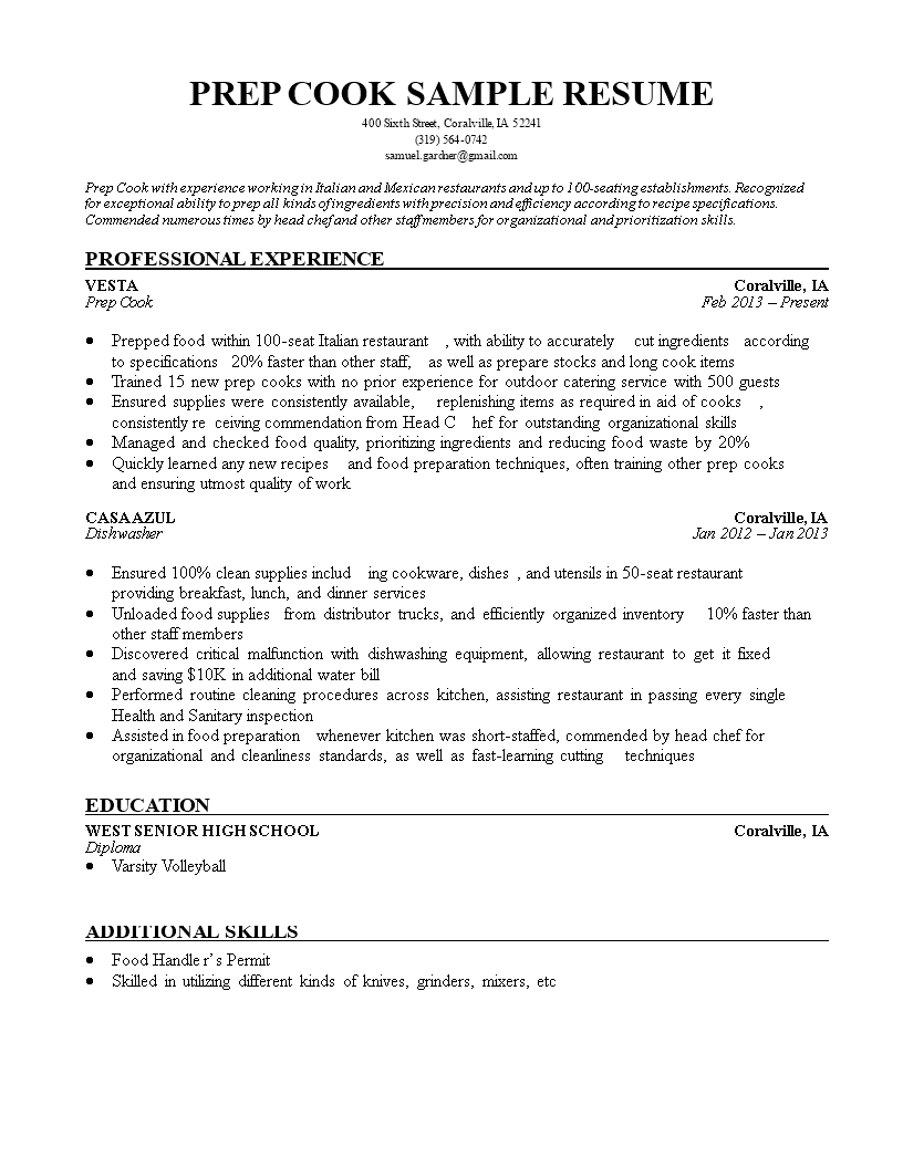 prep cook resume modèles