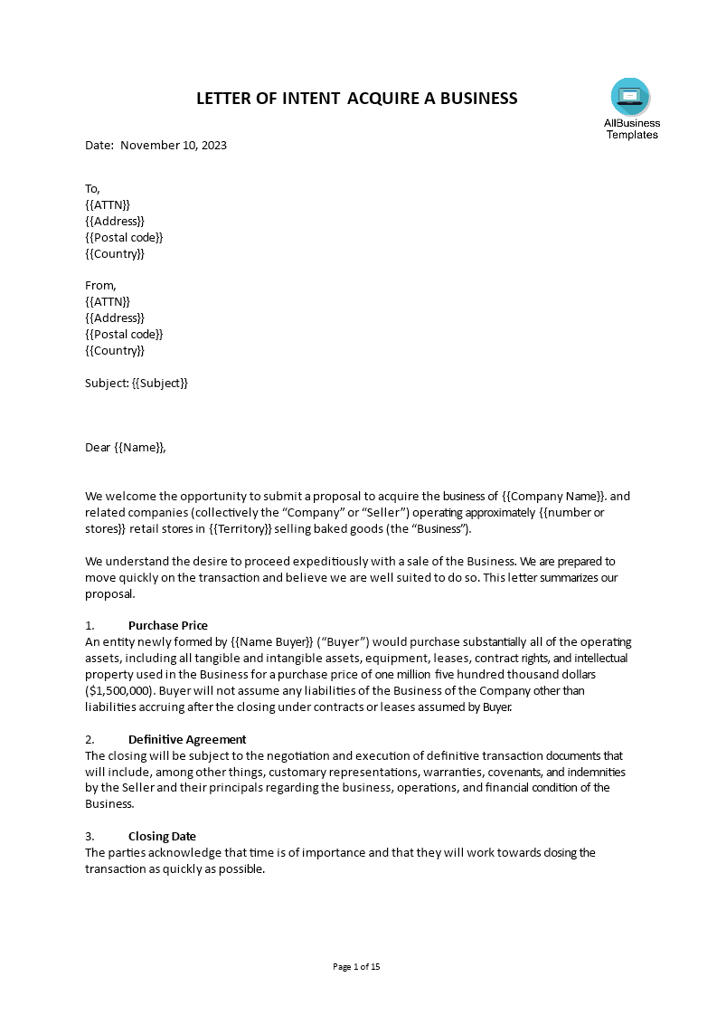 letter of intent to purchase a business Hauptschablonenbild