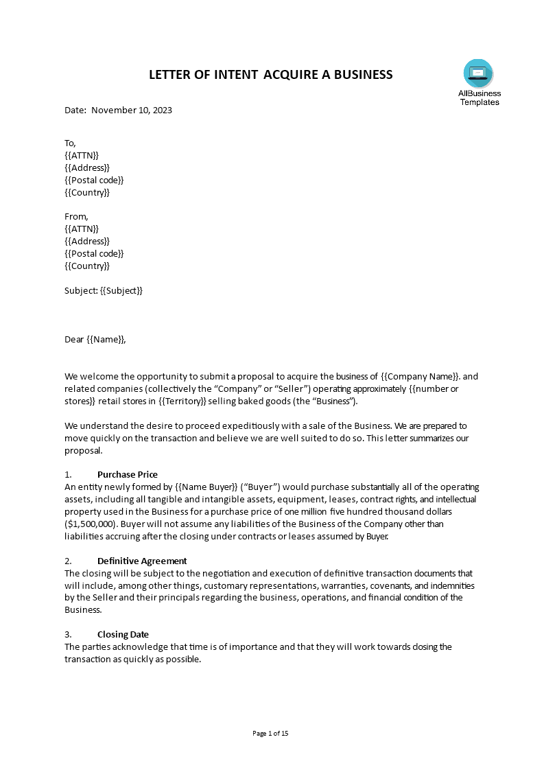 Letter of Intent to Purchase a Business | Templates at ...