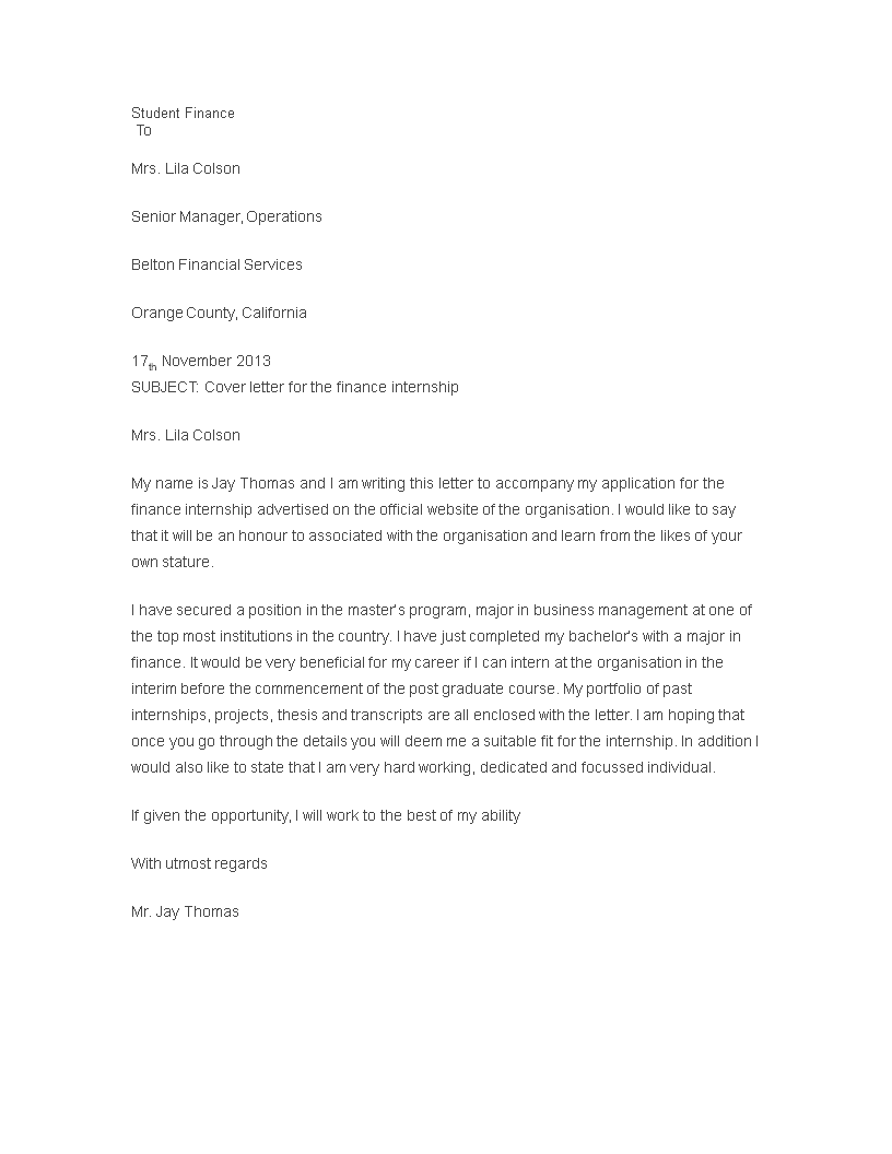 cover letter for financial program