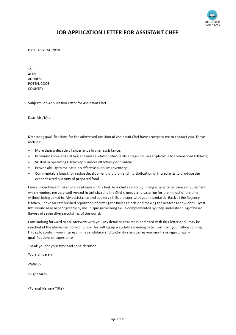 job application letter for assistant chef modèles