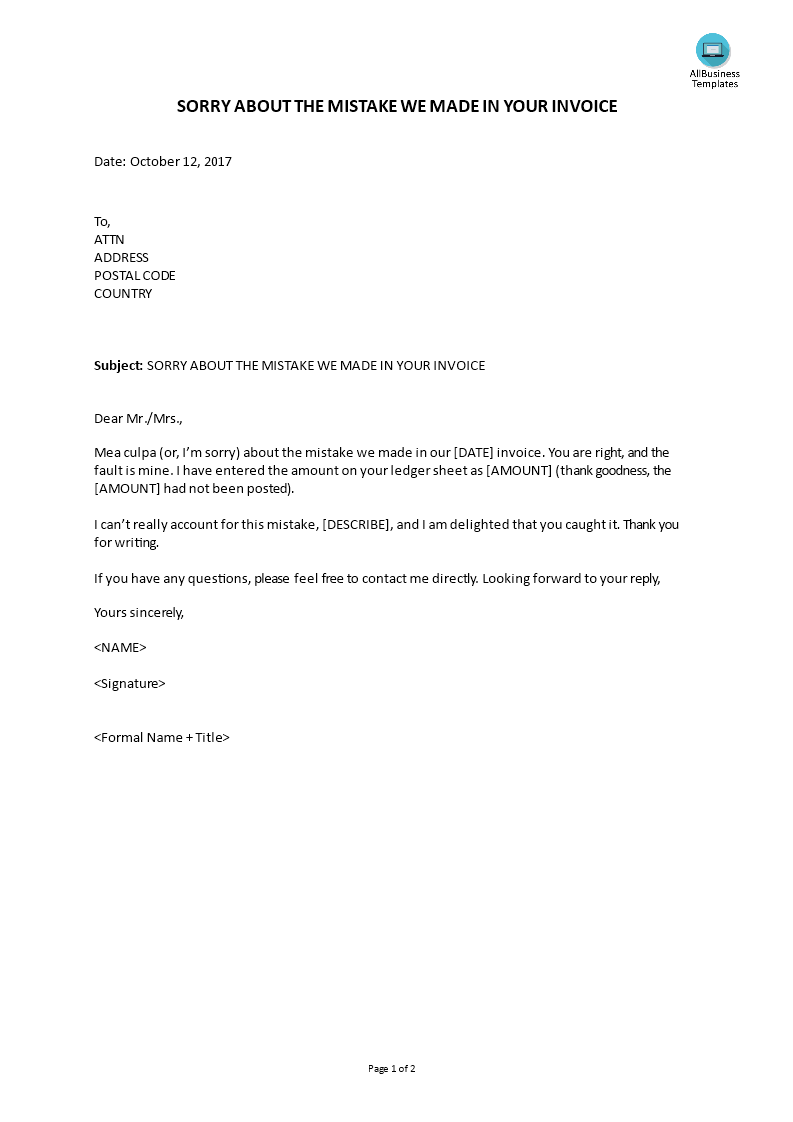 complaint reply - sorry about the mistake in invoice modèles