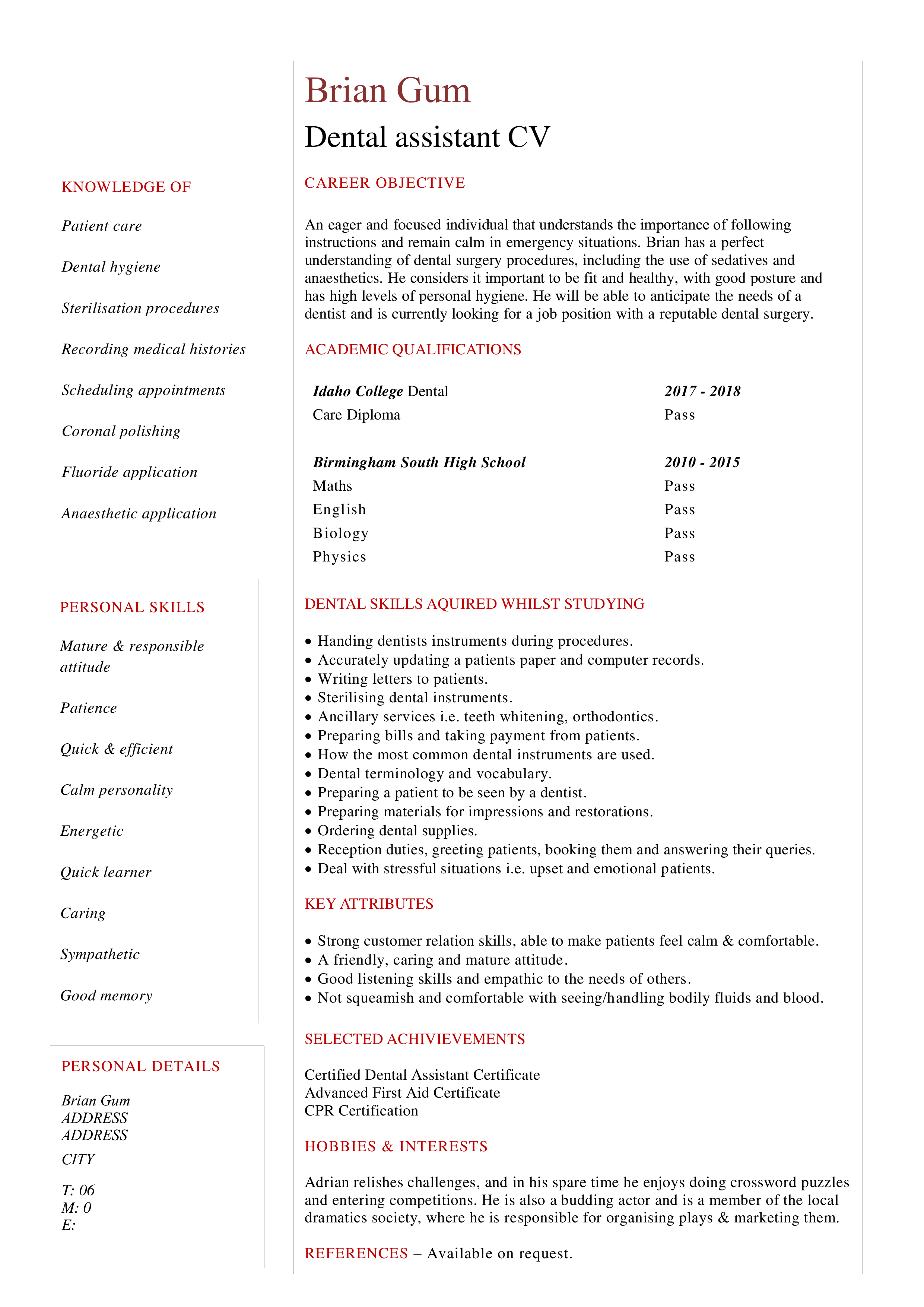 Dental Assistant Student Curriculum Vitae 模板