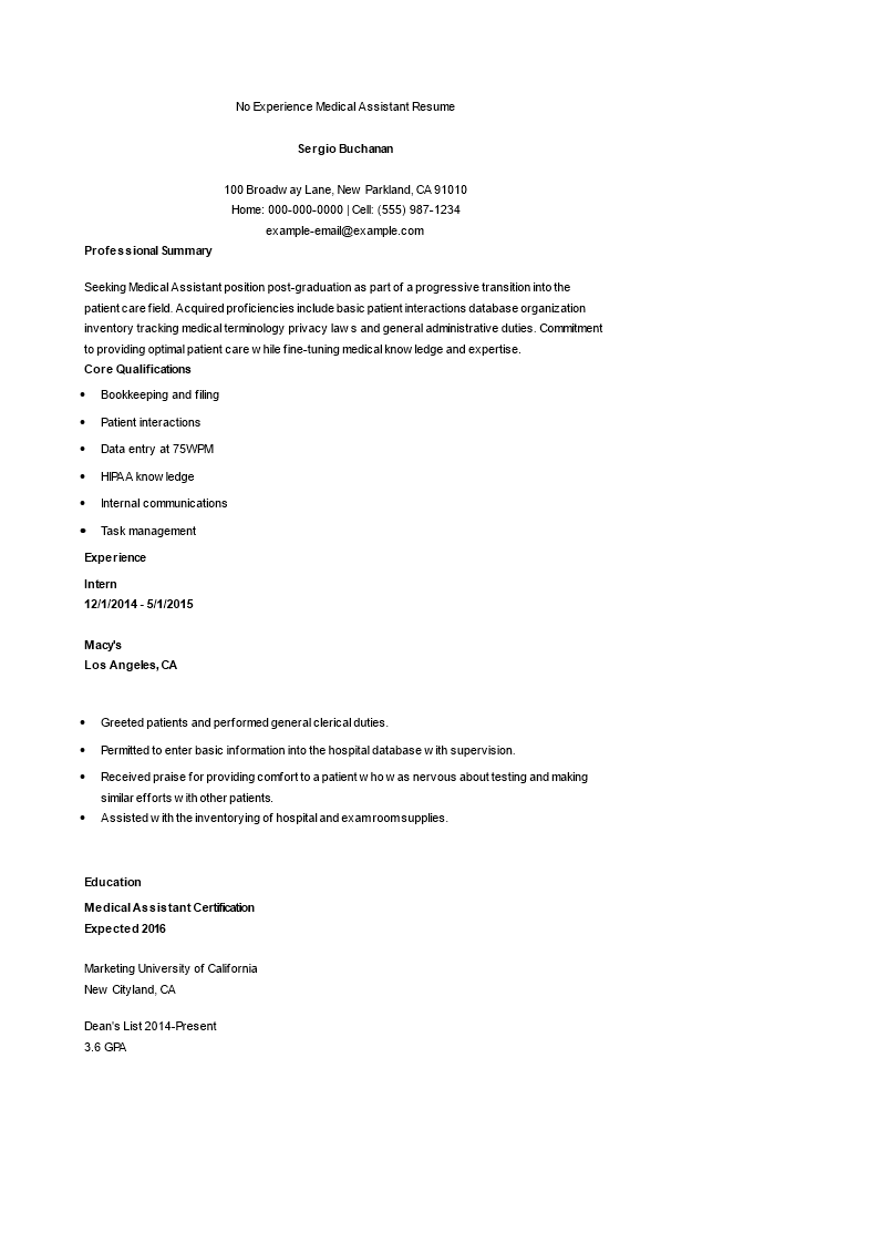 No Experience Medical Assistant Resume main image