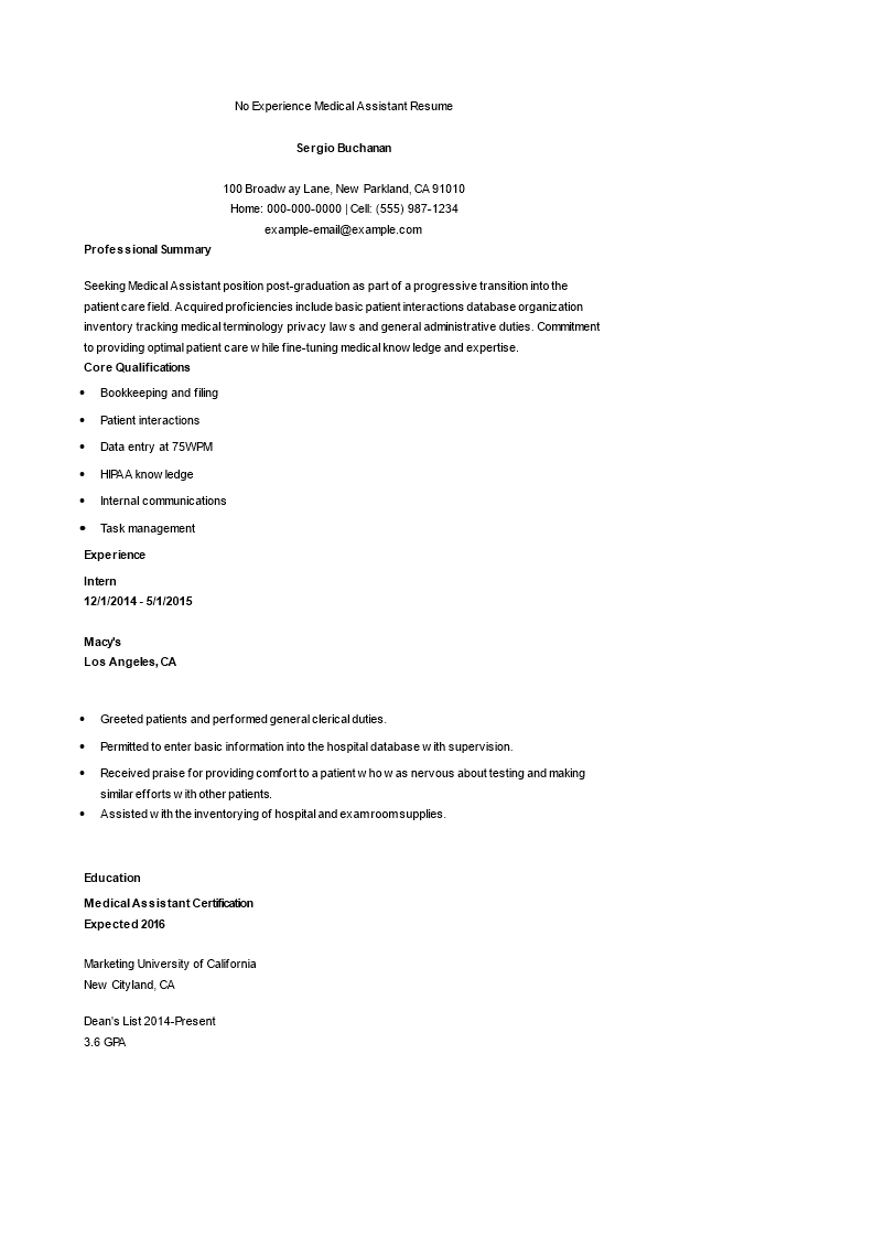 no experience medical assistant resume plantilla imagen principal