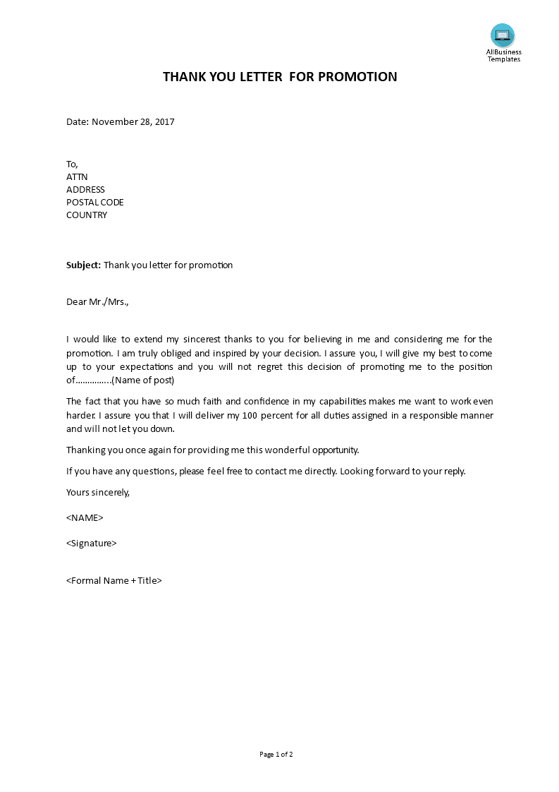 thank you letter for job promotion template